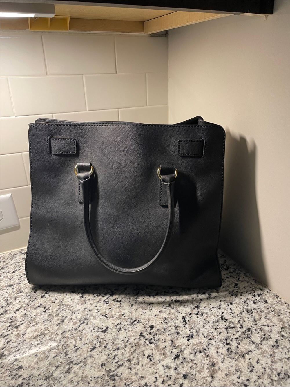Michael Kors Black Leather Tote with Gold Padlock - Picture 2 of 3